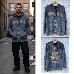 The Great China Wall Co.Vintage Washed Rock N Roll Skull Zip Hoodie L